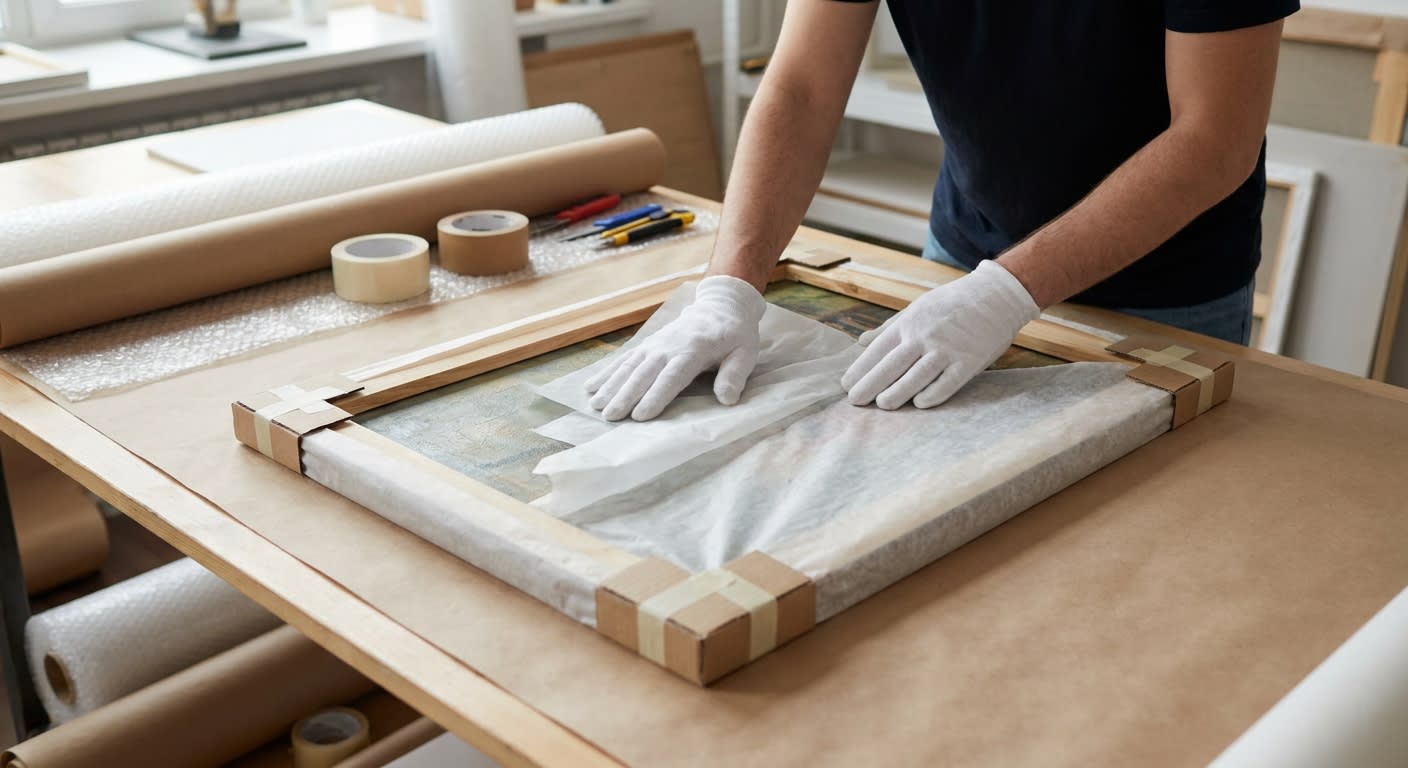 Close-up of hands in white cotton gloves wrapping a framed oil painting in acid-free tissue paper and foam corner protectors, professional packing materials spread on clean surface, soft studio lighti