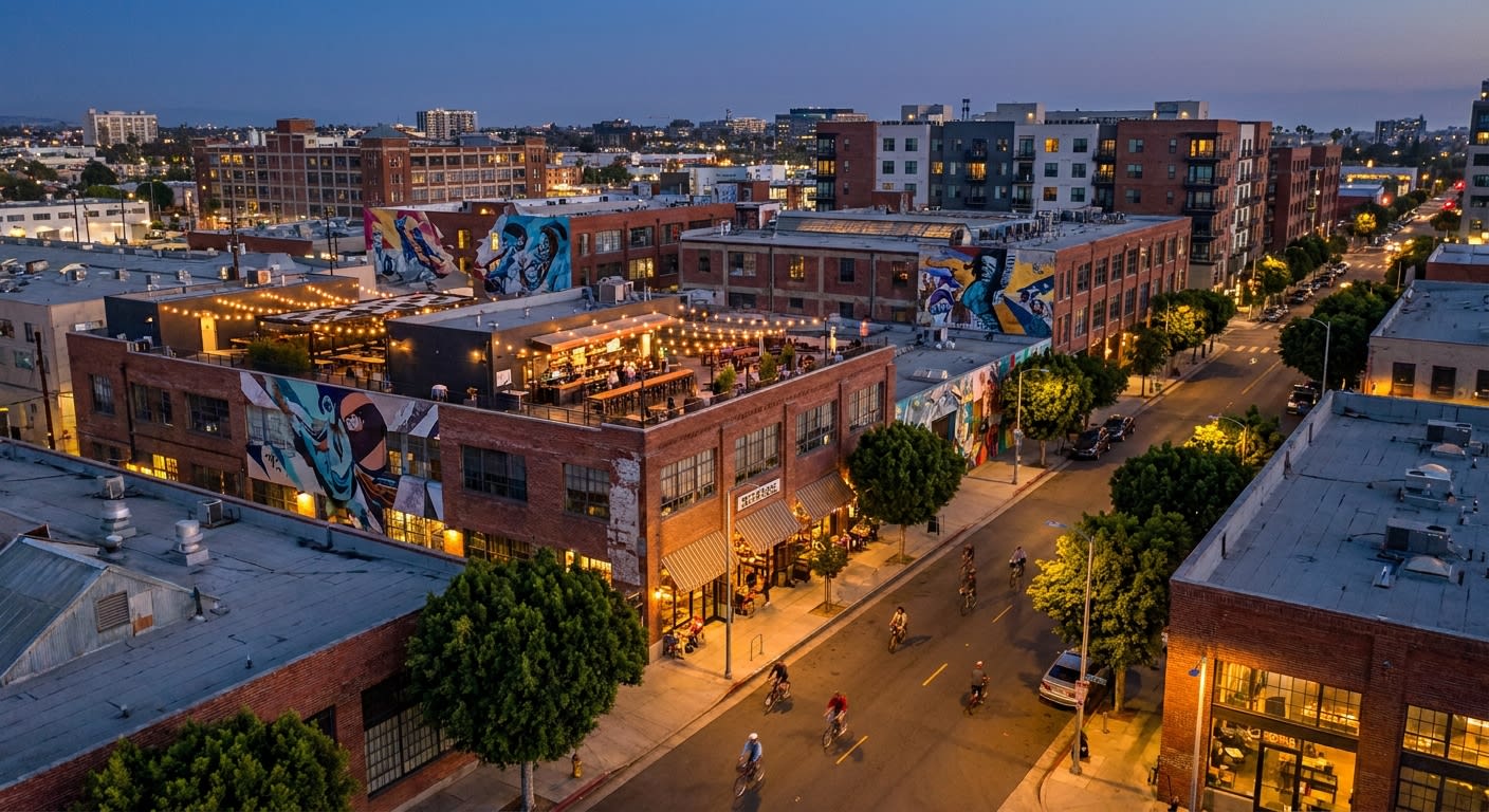 Aerial view of downtown Los Angeles Arts District neighborhood showing converted warehouse lofts, street art murals, rooftop bars, young professionals biking on tree-lined street, evening atmosphere w