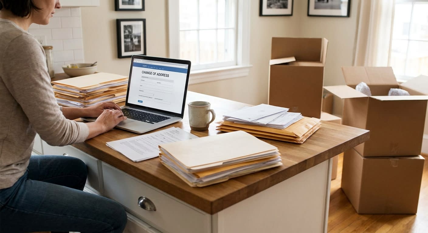 Person at kitchen counter organizing important documents and utility bills, laptop open showing address change form, coffee mug nearby, new home setting with some unpacked boxes visible in background,