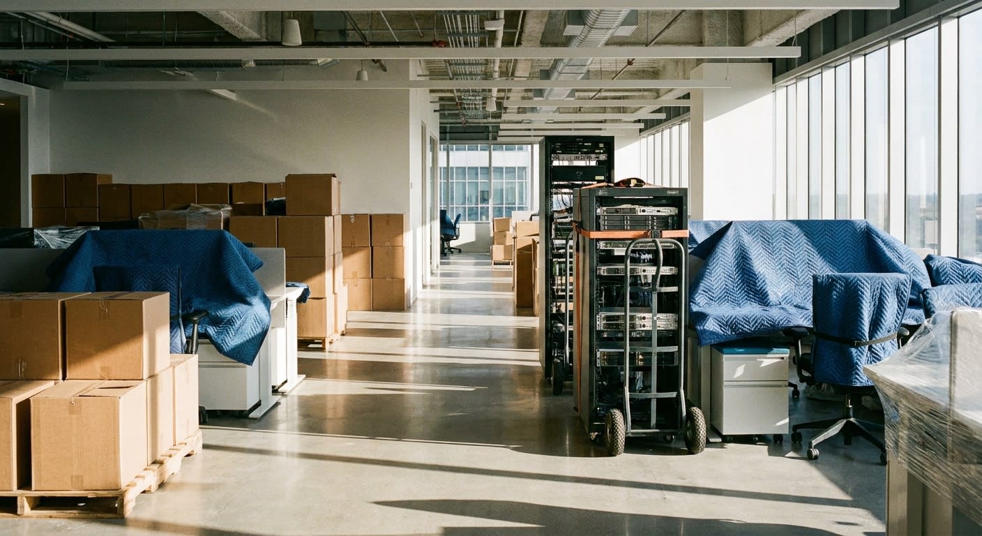 Inside view of an empty corporate office space with moving boxes stacked neatly, furniture wrapped in protective blankets, server equipment on dollies ready for transport, natural light streaming thro