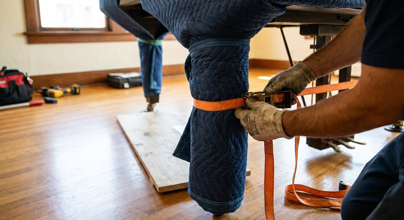 Close-up of professional mover's hands securing heavy-duty ratchet straps around a baby grand piano leg wrapped in moving blankets inside a vintage LA home with hardwood floors, detailed equipment vis