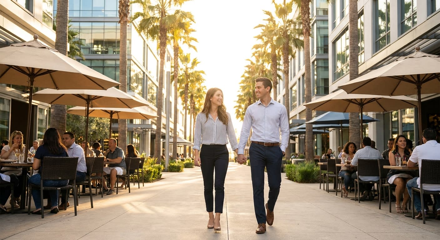 Young professional couple walking through the Runway at Playa Vista shopping center with modern architecture and outdoor dining patios visible, sunny California day with palm trees