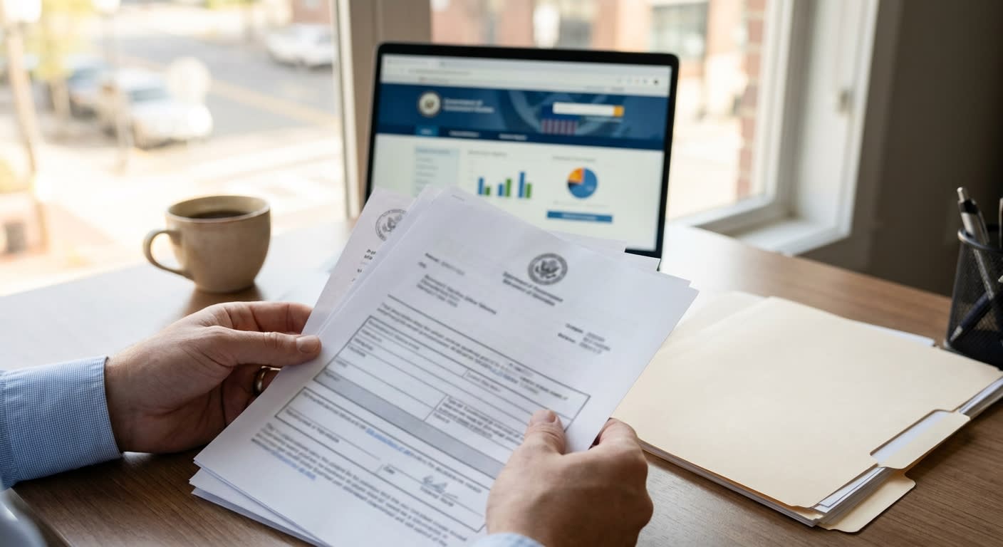 Close-up of hands reviewing official California CPUC moving permit document with laptop showing regulatory website in background, professional office desk with coffee cup and filing folders, morning l