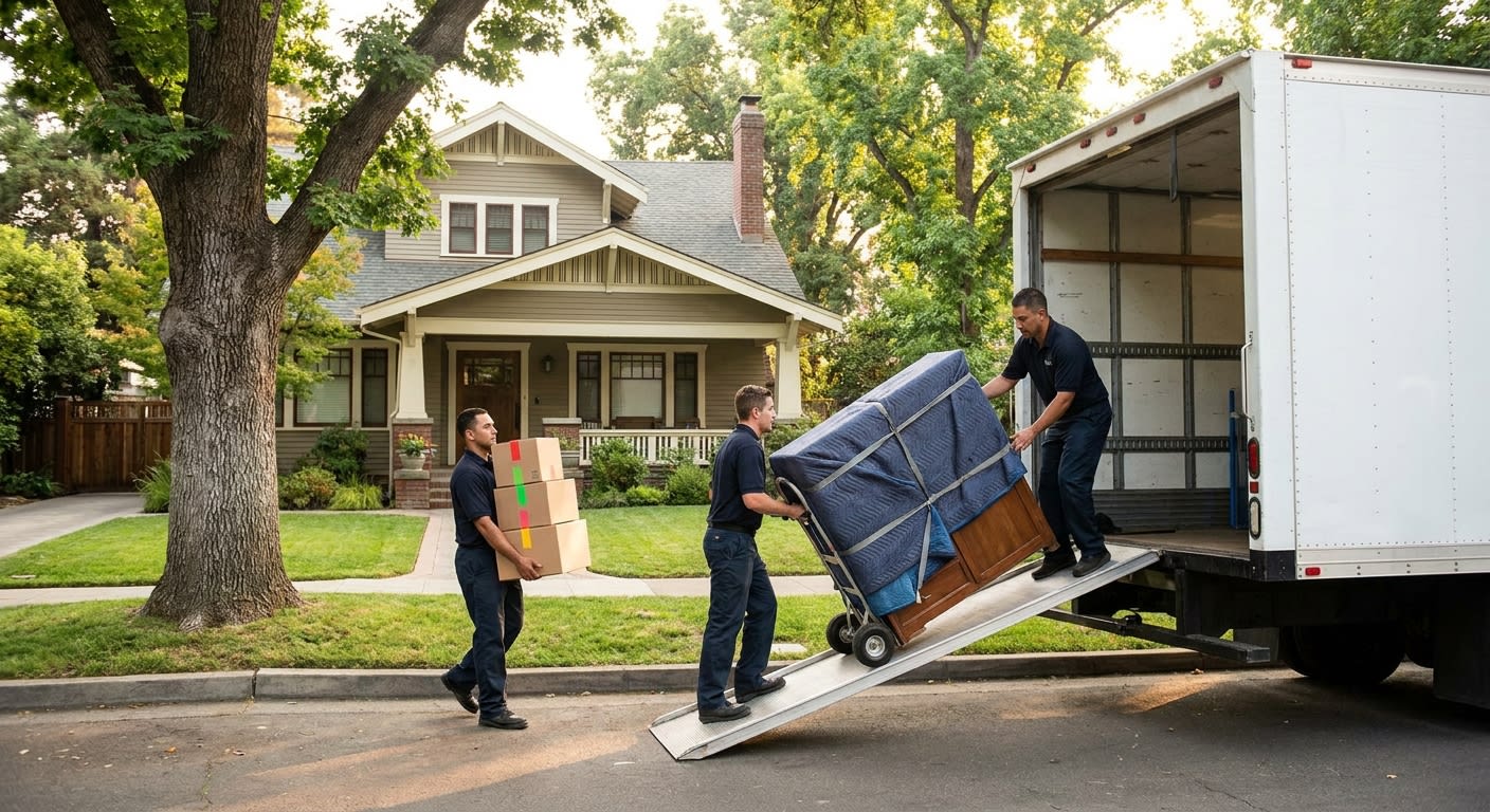 Moving team carefully loading furniture and labeled boxes into a large truck outside a Sacramento suburban home with mature trees in yard, professional movers in uniform using dollies and moving blank