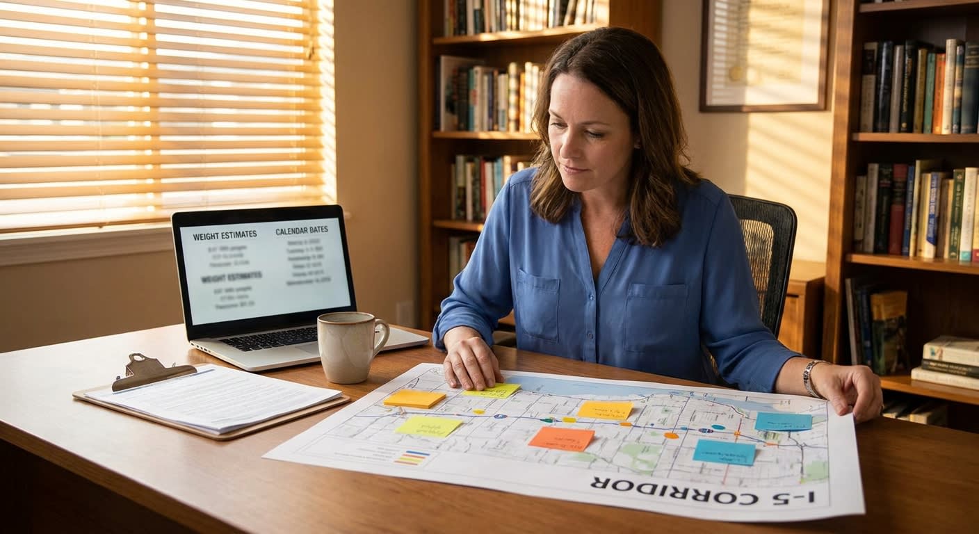 A professional moving coordinator at a desk in a sunlit office reviewing a printed route map of the I-5 corridor between Portland and Los Angeles, color-coded sticky notes marking fuel stops, a laptop