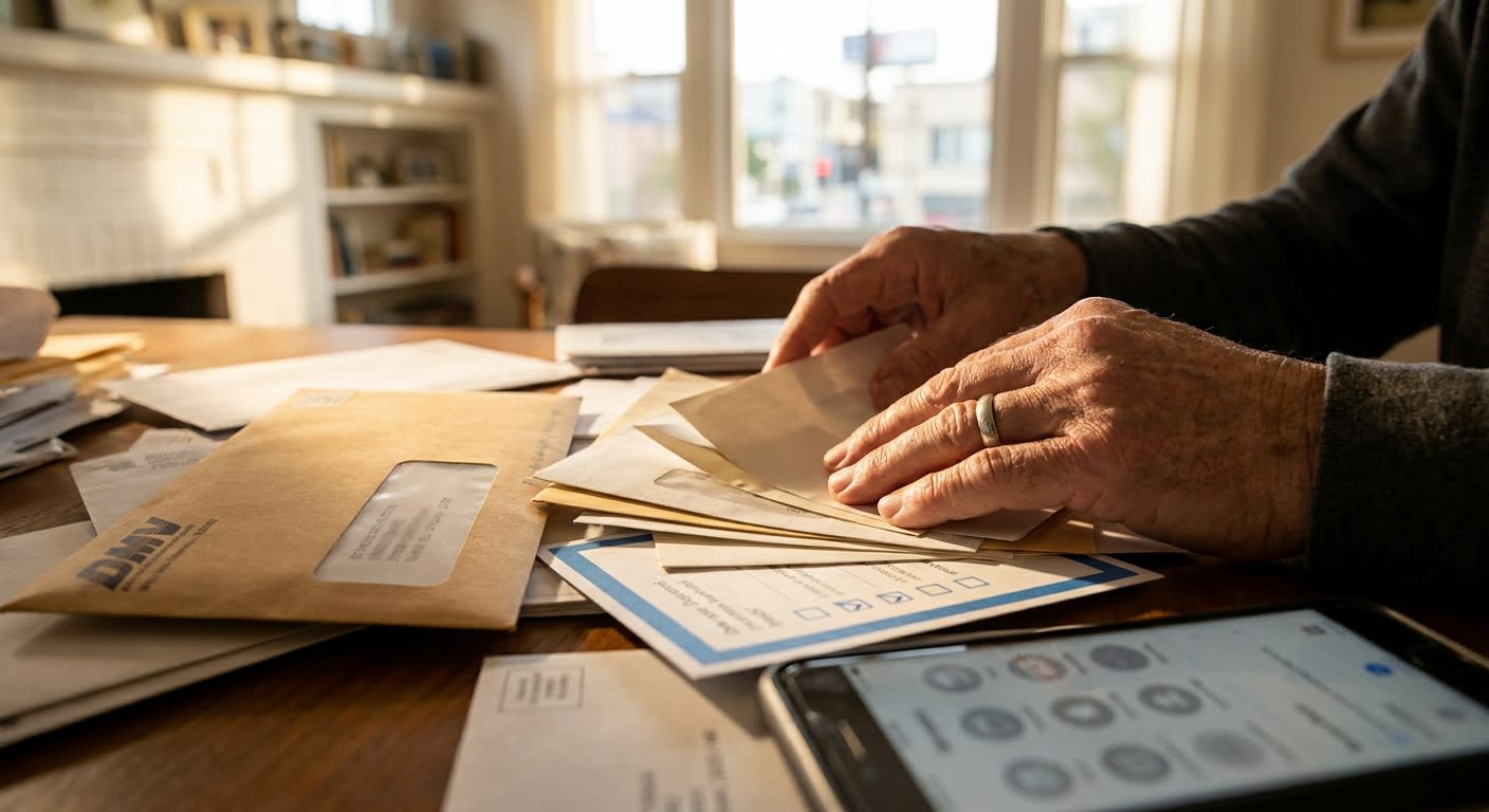 Close-up of hands sorting through a pile of envelopes and government forms on a wooden desk, with a California DMV envelope, a voter registration card, and a smartphone displaying a generic settings m