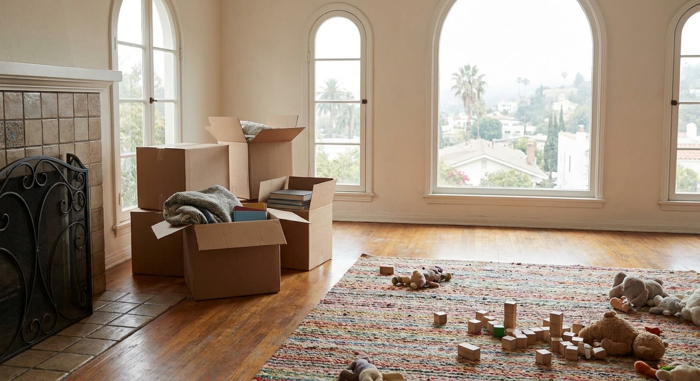 Interior of a Spanish-style 1920s family home in northeast Los Angeles being prepared for move-in, soft morning light through arched windows, hardwood floors, a few unpacked boxes near a fireplace, ch