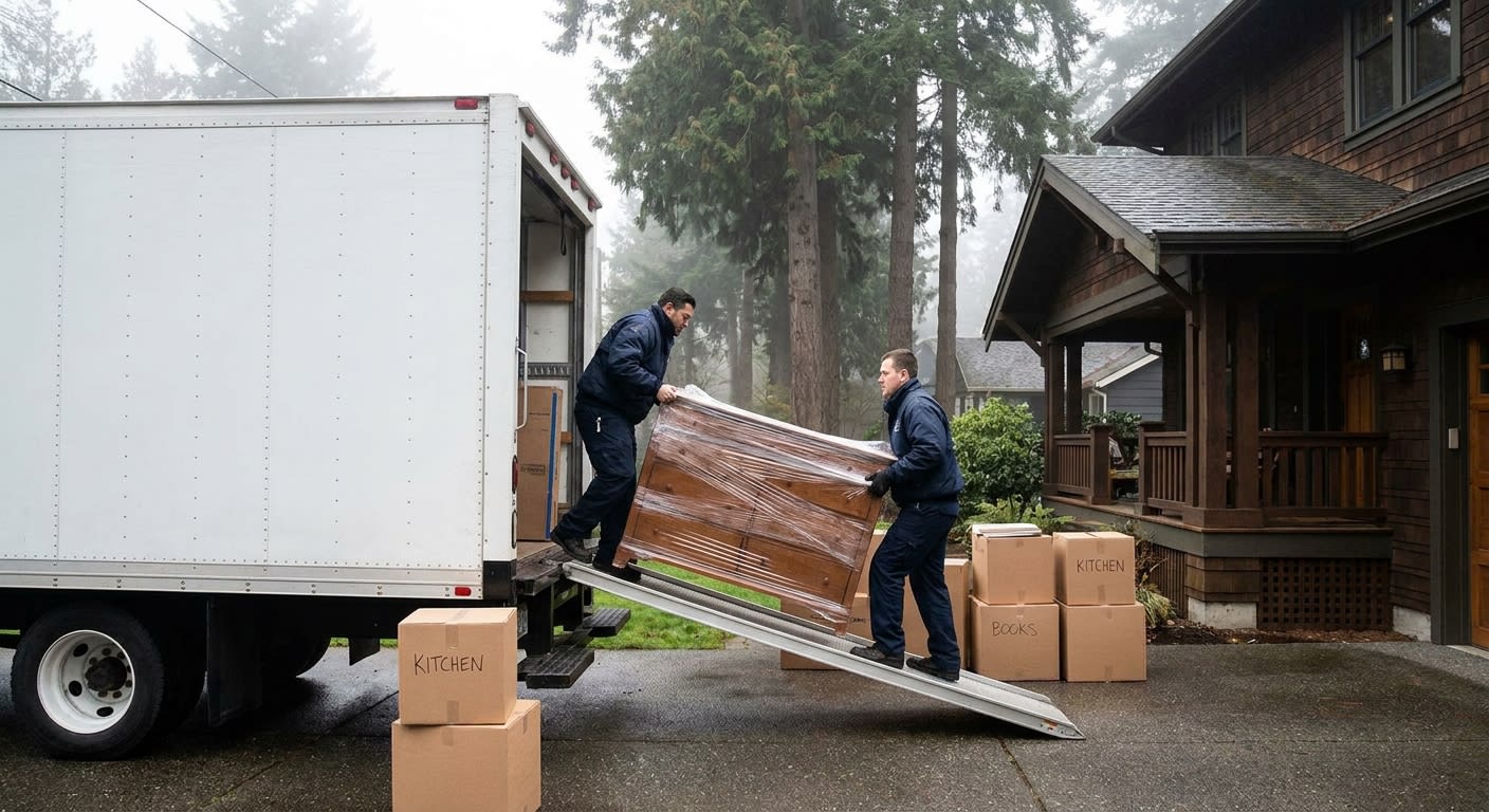 Two professional movers in navy uniforms loading wrapped wooden furniture and labeled cardboard boxes into the back of a clean 26-foot moving truck parked in a residential Seattle driveway on a misty