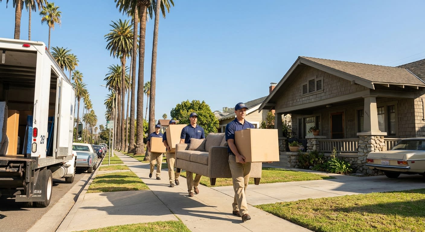 Professional moving crew in matching uniforms carrying boxes and a sofa from a 26-foot moving truck into a small Craftsman-style bungalow on a quiet South Bay residential street, palm trees lining the