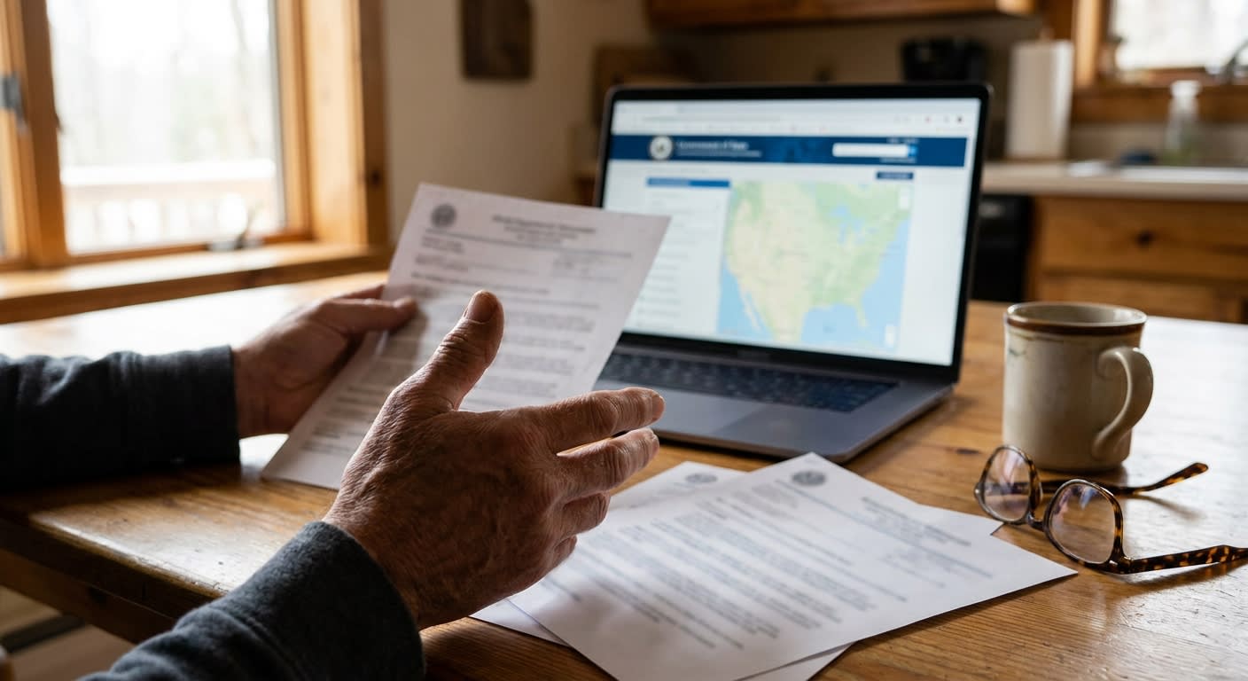 Close-up of a homeowner's hands at a kitchen table comparing three printed moving estimates side by side, a laptop open showing a generic state regulator lookup page, coffee mug and reading glasses ne