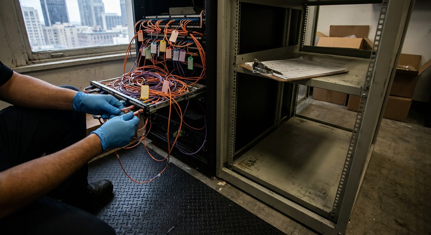 Close-up of a network server room mid-move in downtown LA: color-coded cable tags hanging from patch panels, an anti-static mat on the floor, a technician's gloved hands carefully disconnecting fiber