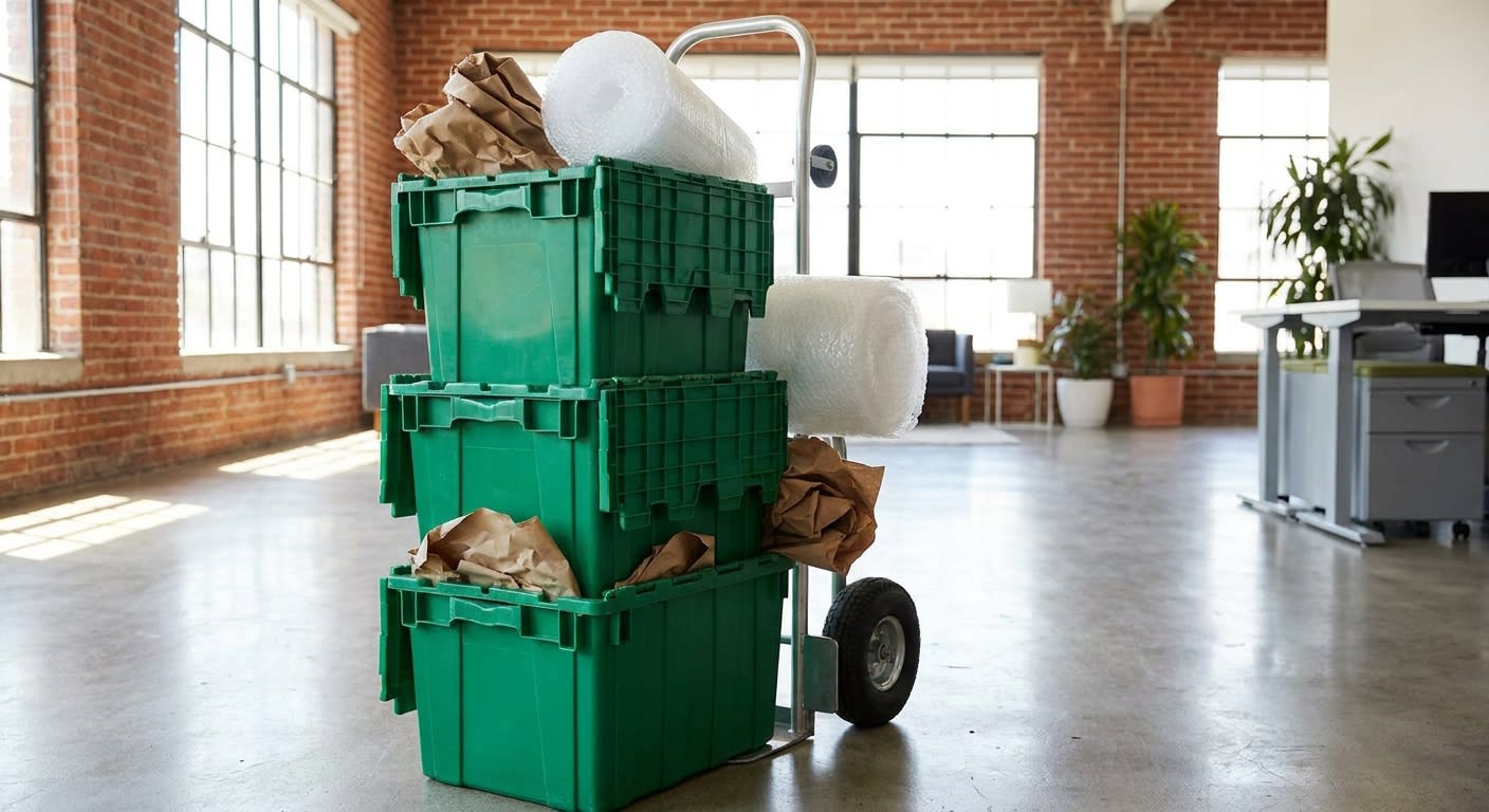 Close-up of stacked green reusable plastic moving bins on a hand truck inside a bright Los Angeles office space, ergonomic packing materials and recycled paper visible, natural daylight streaming thro