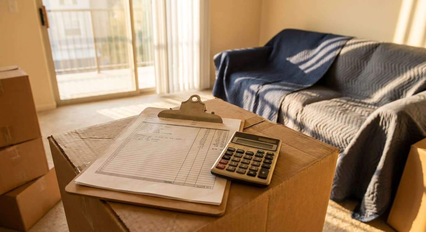 Close-up of a clipboard with a printed moving estimate and calculator resting on stacked cardboard boxes inside a sunlit 1-bedroom apartment living room, neatly wrapped furniture and moving blankets i