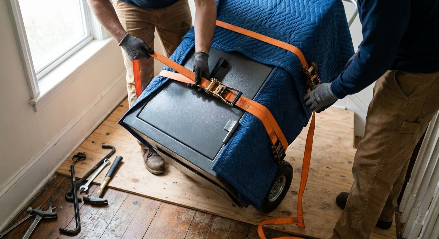 Close-up of two movers ratcheting heavy-duty straps around a tall steel safe secured to a stair-climbing dolly, with thick moving blankets wrapped around the safe corners, plywood sheets laid on a sta