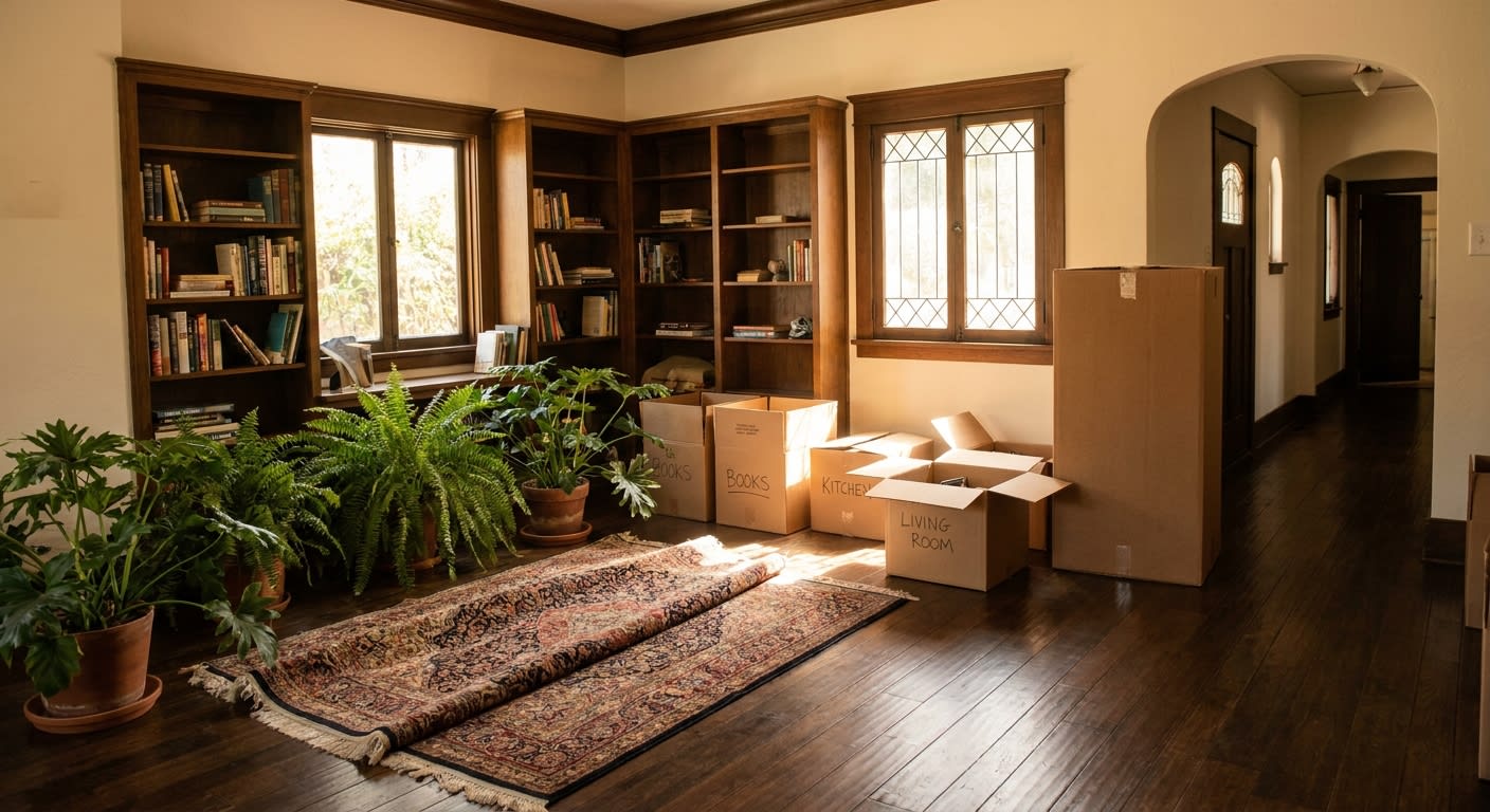 Interior of a 1920s Craftsman home in Pasadena during move-in day, wooden floors with built-in bookshelves, open cardboard boxes labeled with handwritten room names, a wardrobe box standing upright by