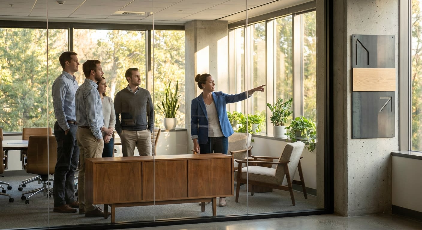 Small group of office employees in a glass-walled conference room participating in a workspace orientation walkthrough, manager pointing toward newly installed wayfinding signage, mid-century furnitur