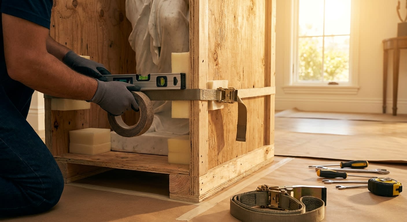 Close-up of a foreman's hands using a digital level and felt-tipped tape to secure a hand-built plywood crate around a marble sculpture in a Hollywood Hills foyer, custom foam padding and ratchet stra