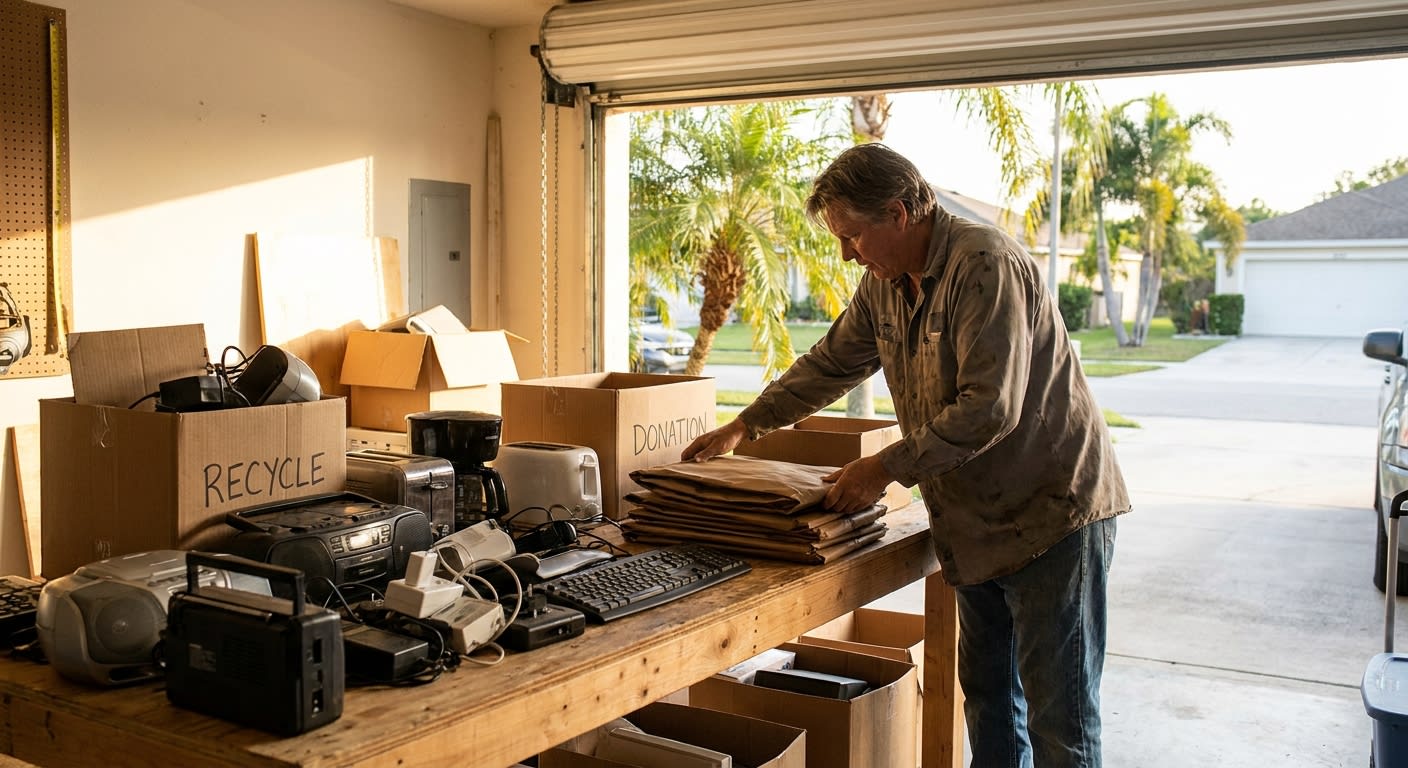 A homeowner in a sunny LA garage sorting old electronics and small appliances into separate piles on a wooden workbench, with a recycling crate, a donation box, and folded packing paper nearby. Garage