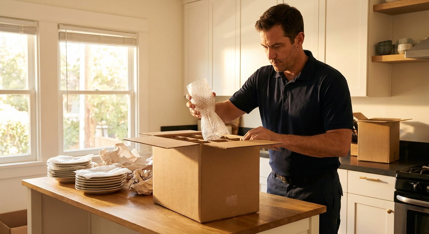 A professional mover in a navy uniform carefully placing a vertically wrapped wine glass into a divided cell box on a kitchen island in a Silver Lake bungalow, stacks of cushioned plates nearby, after