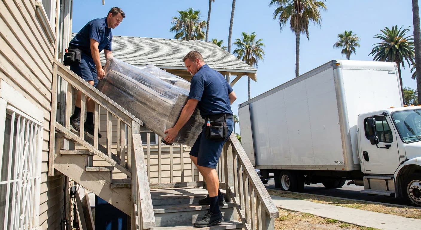 Two professional movers in uniform carrying a wrapped sofa down a narrow exterior staircase of a small Venice Beach bungalow, a 16-foot box truck parked on the street behind them, blue sky and palm tr