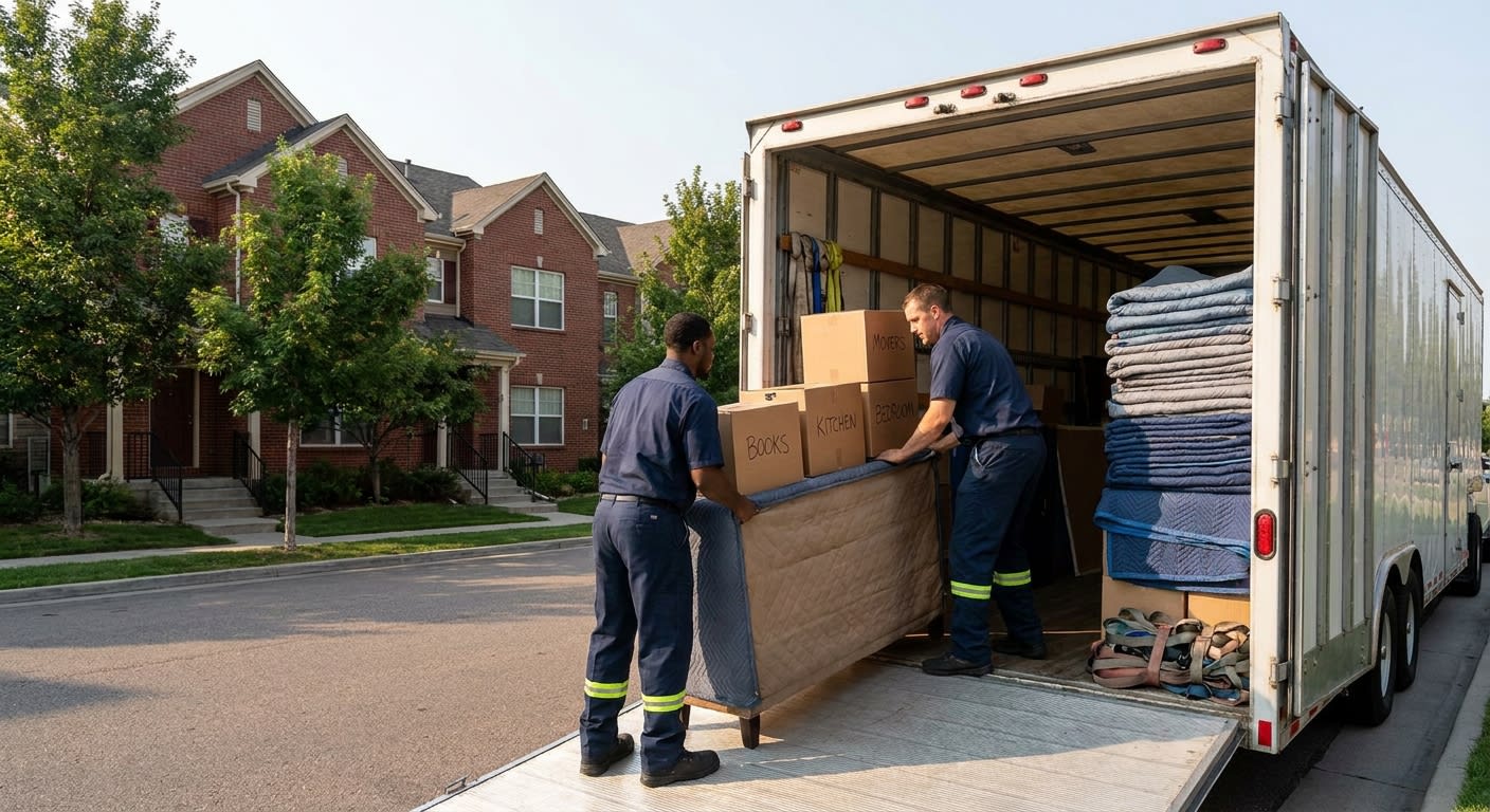 Two professional movers in matching uniforms loading carefully wrapped furniture and labeled cardboard boxes into the back of a long-haul moving trailer parked on a quiet Denver residential street, mo