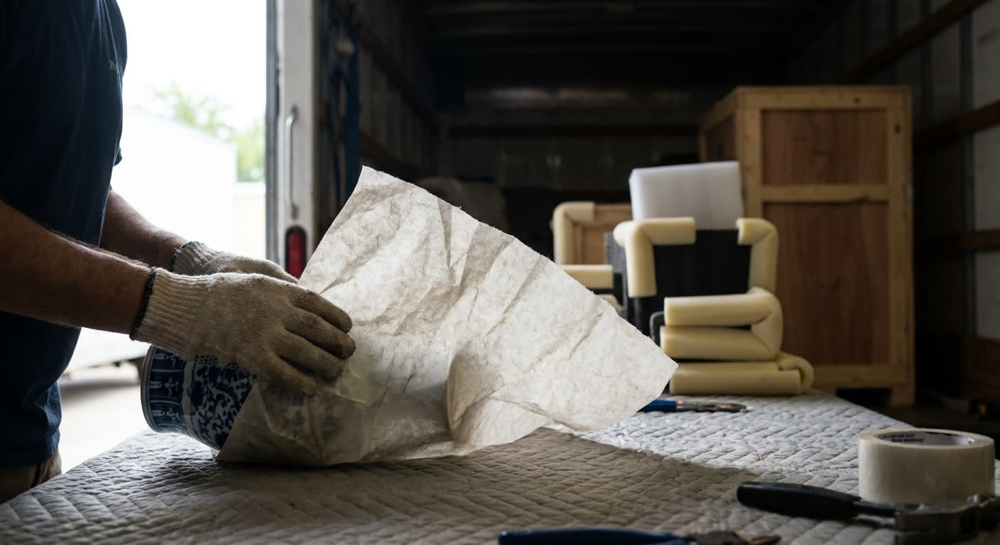 Close-up of gloved hands wrapping a porcelain Chinese vase in acid-free tissue paper on a padded workbench inside a moving truck, foam corners and custom wooden crate parts visible, soft natural light